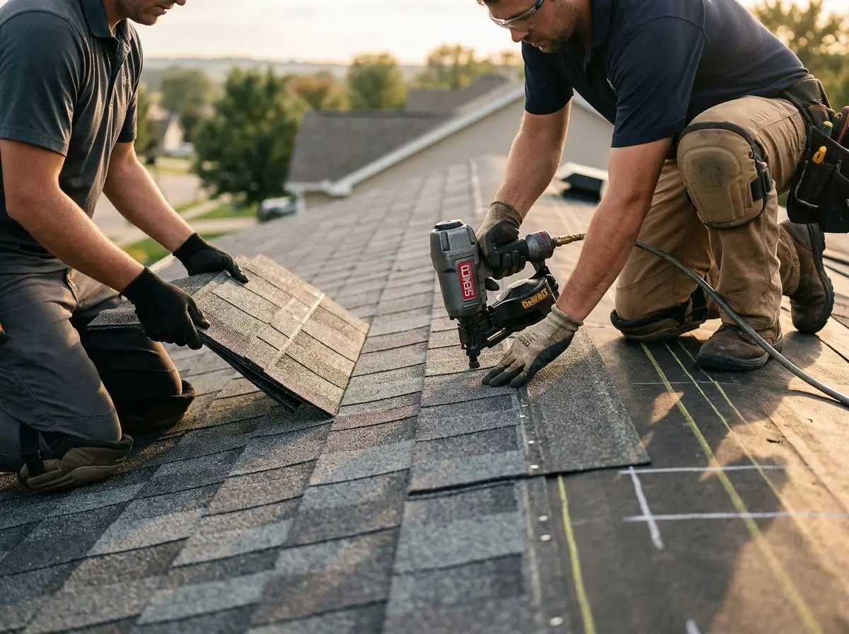 Professional roofer working on a residential roof in Avon